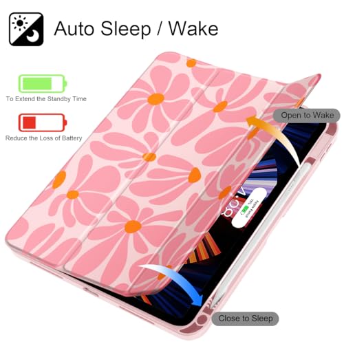 May Chen for iPad (A16) 11th Generation Case 11 Inch 2025, iPad 10th Gen Case 2022 10.9 inch, Built-in Pencil Holder with Shockproof Cover Clear Transparent Back Shell Auto Wake/Sleep, Groovy Flower - Image 3