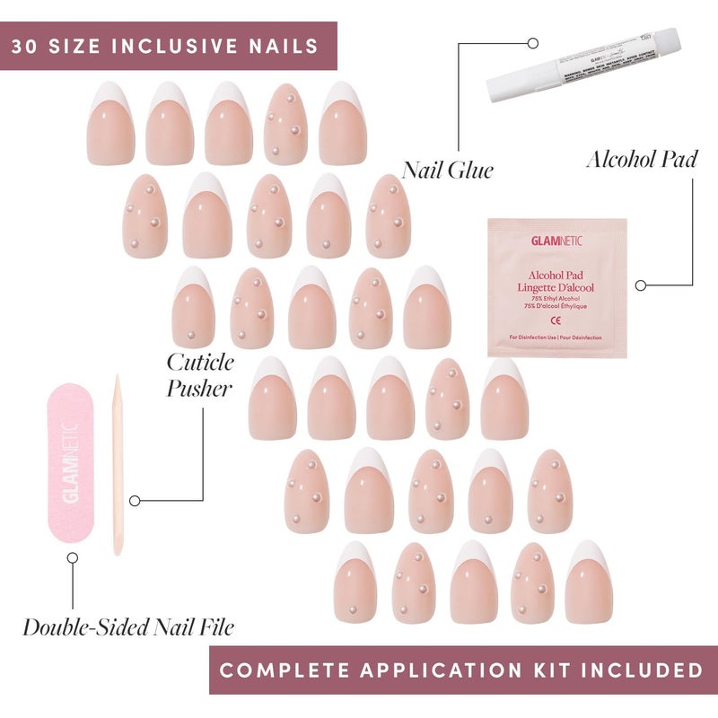 Glamnetic x GLAMZILLA Press On Nails - ALWAYS & FOREVER | Short Almond French Tip Fake Nails with 3D Pearls, Salon Quality Wedding Nails | 15 Sizes - 30 Nail Kit with Glue - Image 4