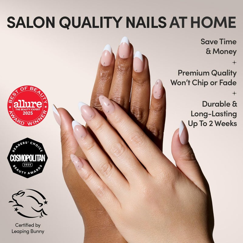 Glamnetic x GLAMZILLA Press On Nails - ALWAYS & FOREVER | Short Almond French Tip Fake Nails with 3D Pearls, Salon Quality Wedding Nails | 15 Sizes - 30 Nail Kit with Glue - Image 2