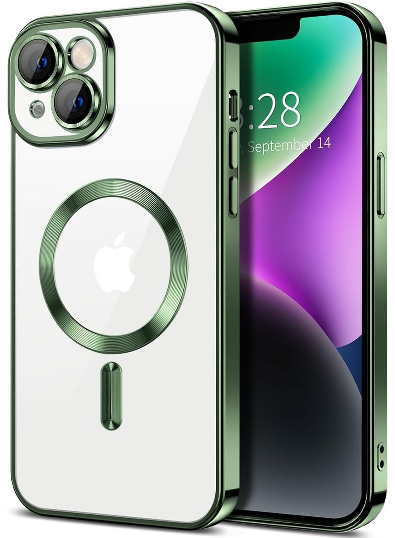 جراب مطلي بالكهرباء لهاتف iPhone 14 Plus/15 Plus، حماية كاملة لعدسة الكاميرا، متوافق مع الشحن اللاسلكي MagSafe، غطاء مغناطيسي ناعم مقاوم للصدمات من مادة TPU (أخضر) - Image 1
