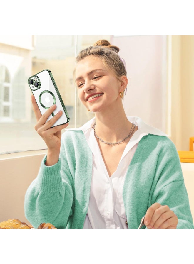 جراب مطلي بالكهرباء لهاتف iPhone 14 Plus/15 Plus، حماية كاملة لعدسة الكاميرا، متوافق مع الشحن اللاسلكي MagSafe، غطاء مغناطيسي ناعم مقاوم للصدمات من مادة TPU (أخضر) - Image 2