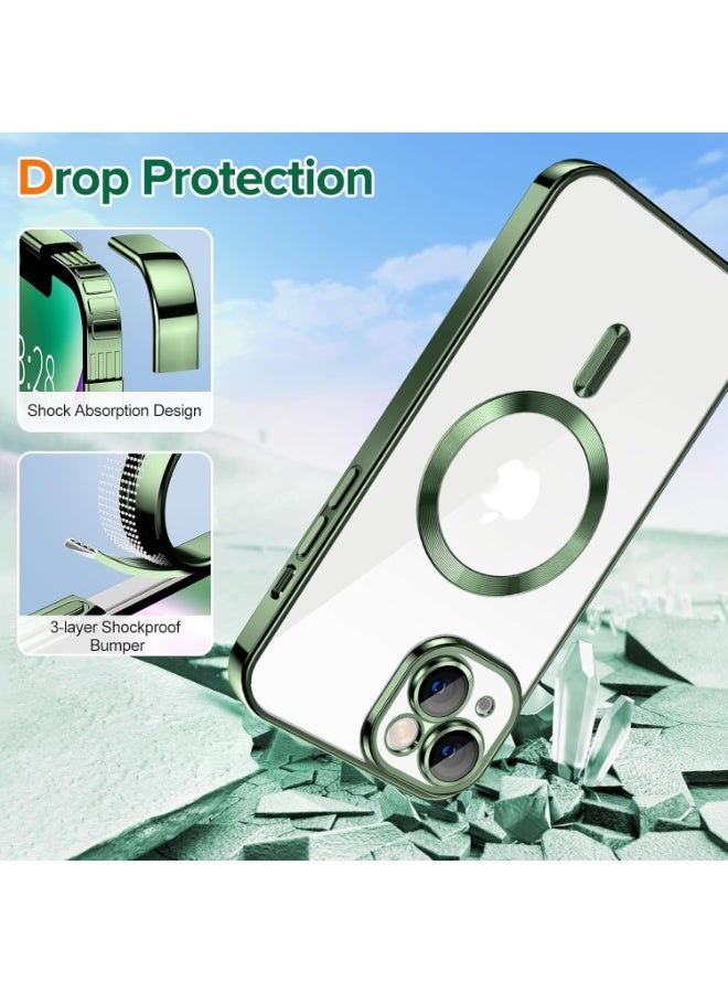 جراب مطلي بالكهرباء لهاتف iPhone 14 Plus/15 Plus، حماية كاملة لعدسة الكاميرا، متوافق مع الشحن اللاسلكي MagSafe، غطاء مغناطيسي ناعم مقاوم للصدمات من مادة TPU (أخضر) - Image 3