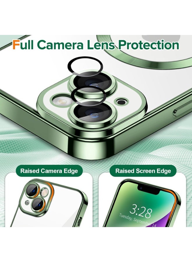جراب مطلي بالكهرباء لهاتف iPhone 14 Plus/15 Plus، حماية كاملة لعدسة الكاميرا، متوافق مع الشحن اللاسلكي MagSafe، غطاء مغناطيسي ناعم مقاوم للصدمات من مادة TPU (أخضر) - Image 4