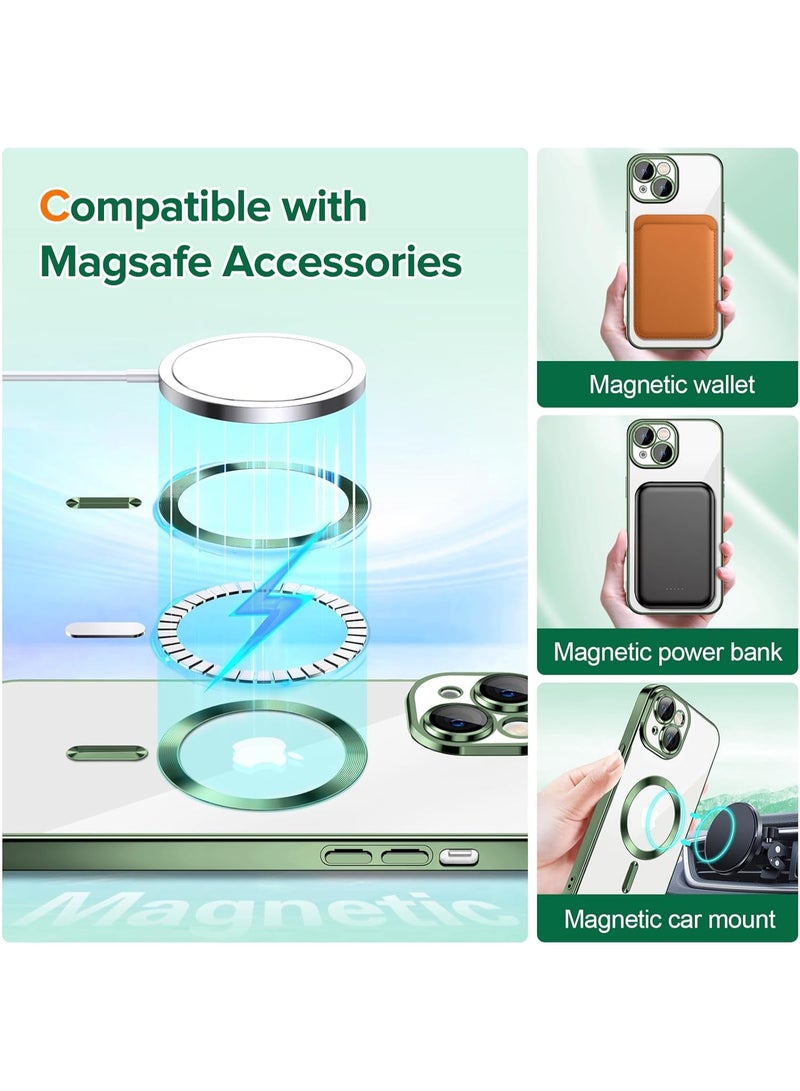 جراب مطلي بالكهرباء لهاتف iPhone 14 Plus/15 Plus، حماية كاملة لعدسة الكاميرا، متوافق مع الشحن اللاسلكي MagSafe، غطاء مغناطيسي ناعم مقاوم للصدمات من مادة TPU (أخضر) - Image 5