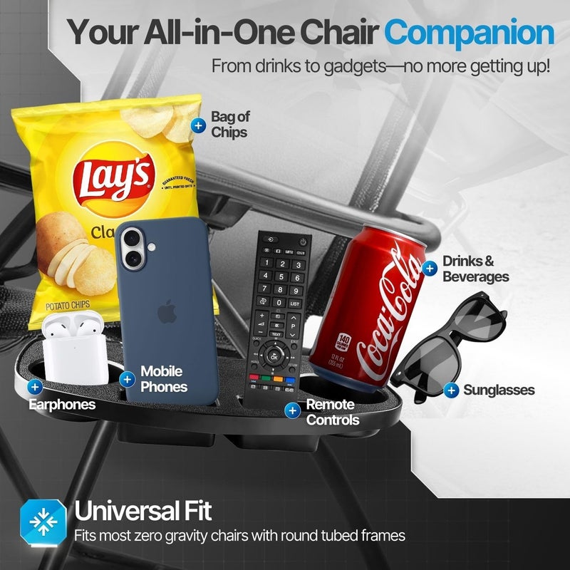 Flexzion 2x Universal Oval Zero Gravity Chair Cup Holder - Clip On Outdoor Lounge Recliner Beverage Drink Utility Tray with Mobile Device Slot, Snack Tray, and Cell Phone Mount for Pool Beach (Medium) - Image 2