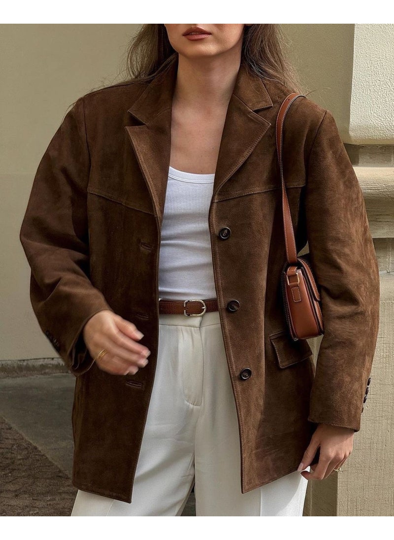 Generic CasualsuitJacketWomens New Chamois Leather Jacket Autumn/Winter Standalone Europe And America Best Seller Cross-Border Amazon Brown 