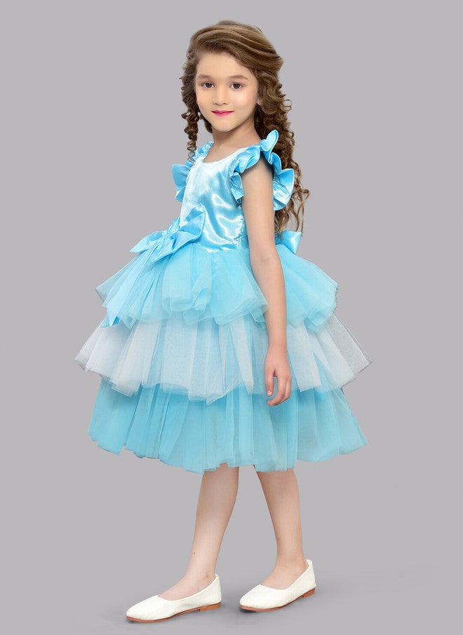 PinkChick Blue Layered Net Fit & Flare Dress for Girls - Image 4