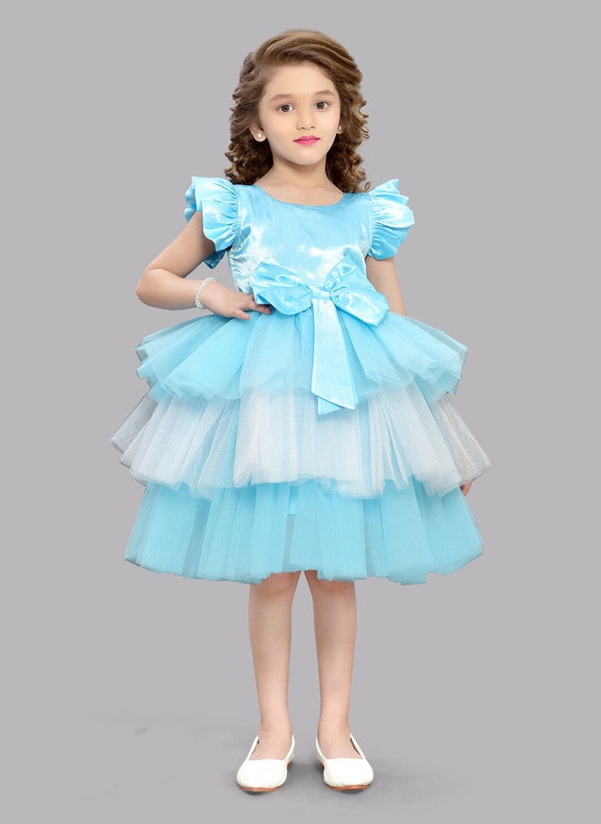 PinkChick Blue Layered Net Fit & Flare Dress for Girls - Image 1
