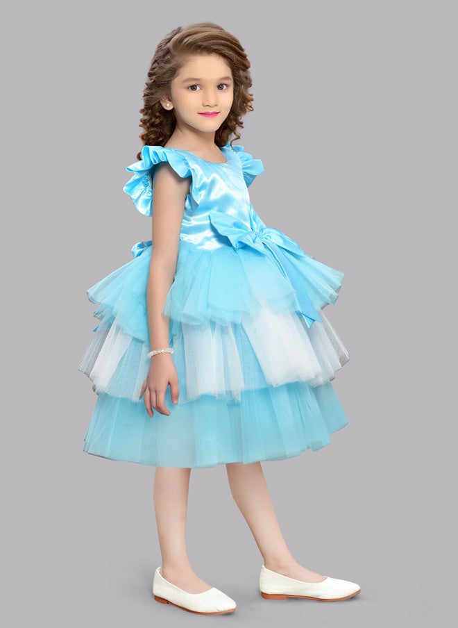 PinkChick Blue Layered Net Fit & Flare Dress for Girls - Image 3