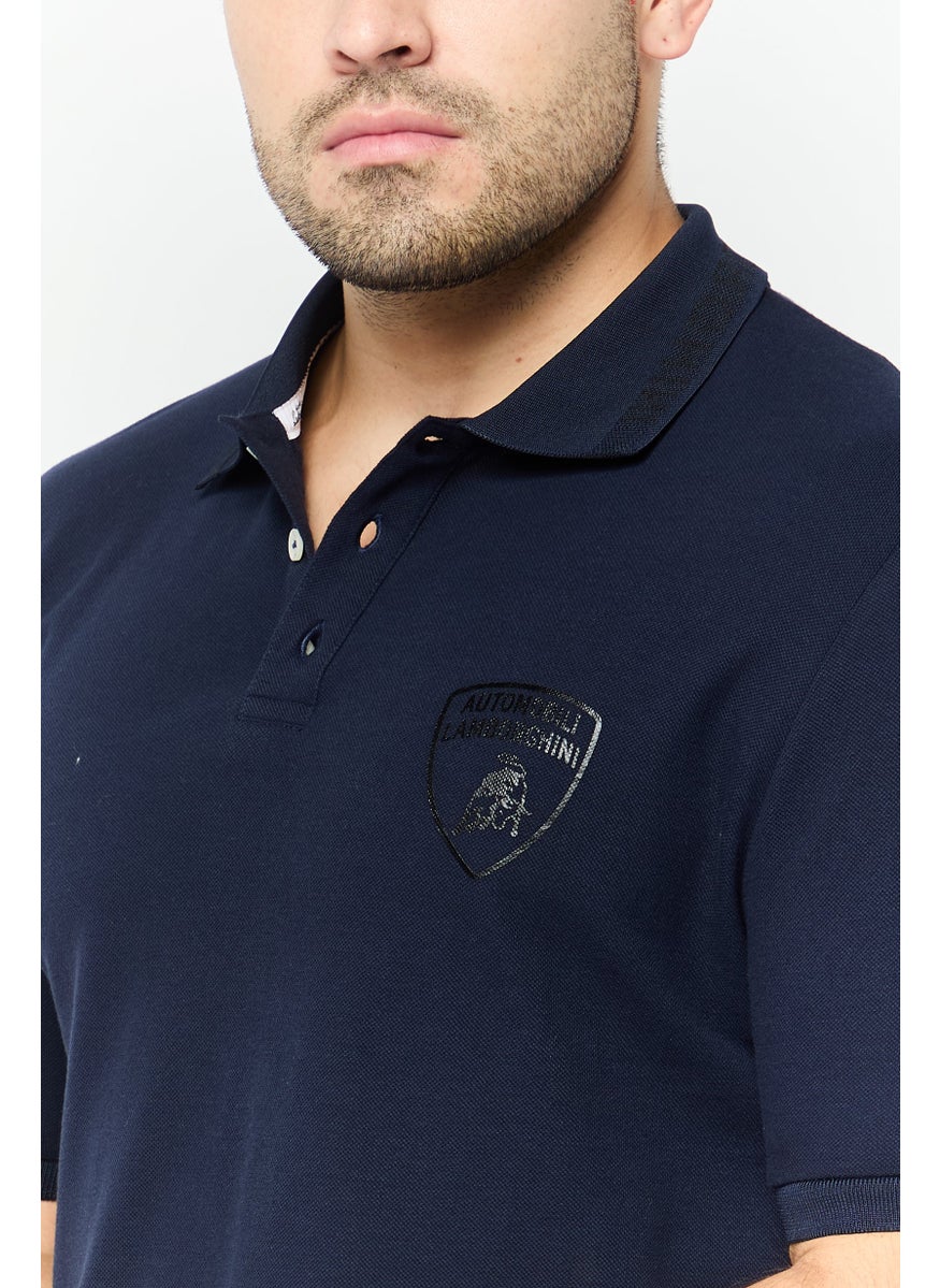 LAMBORGHINI - Men Regular Fit Brand Logo Short Sleeves Polo Shirt, Navy - Image 1