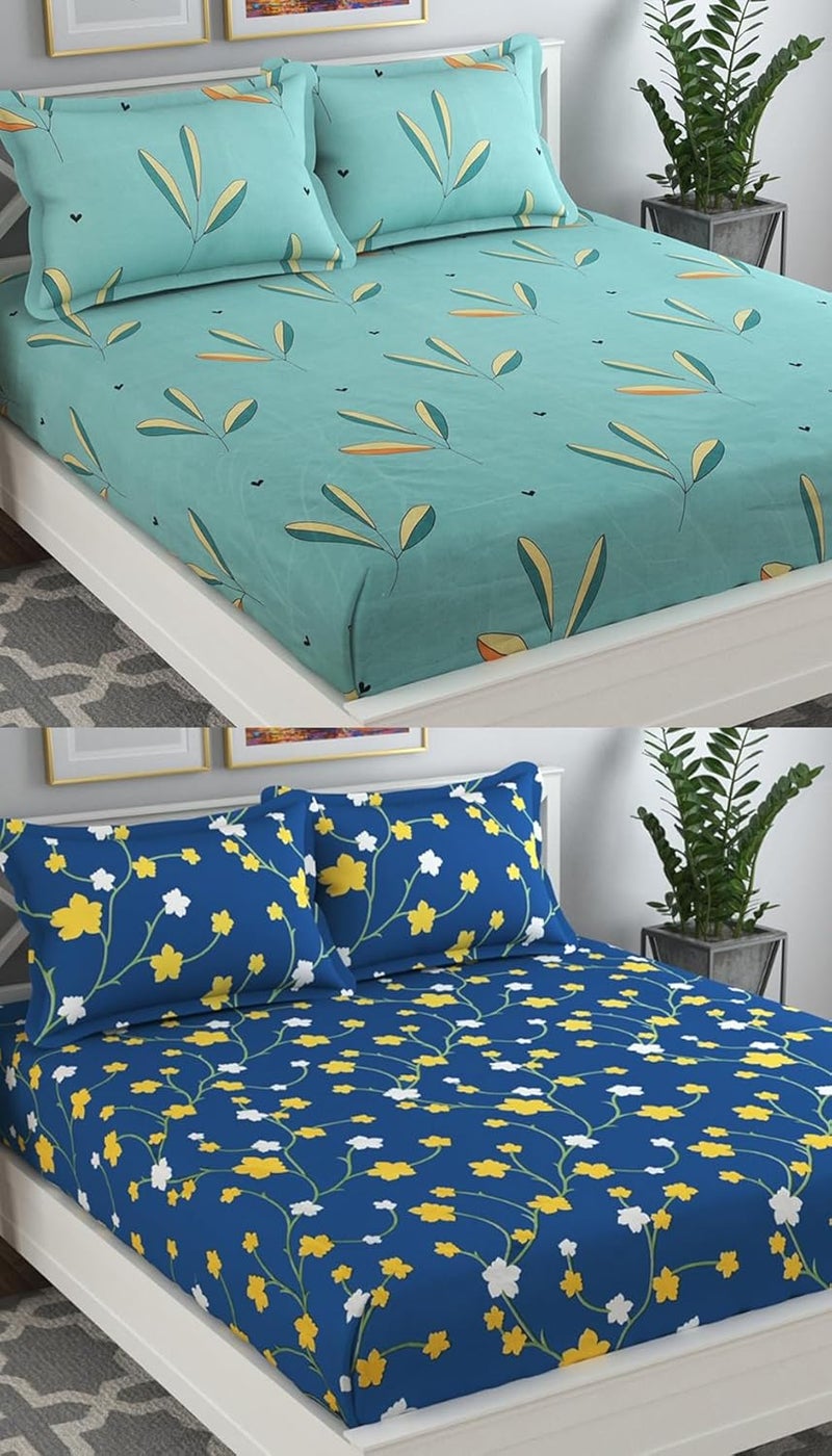 VAS COLLECTIONS Prime Collection Combo Pack of 2 Double Bedsheets with 4 Pillow Covers 144 TC Soft Brushed MicrofiberBlend Long Lasting Wrinkle Free75X7 Ft Set of 6 Pcs Green Blue