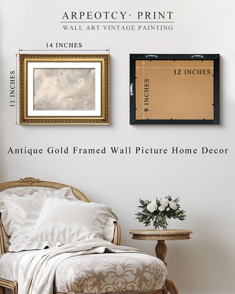 ARPEOTCY Vintage Gold Framed Wall Art, Classic Sky Clouds Study Paintings, Aesthetic Canvas Prints Artwork with Frame, Victorian Wall Decor for Living Room Bathroom Bedroom 11x14 inch - Image 4