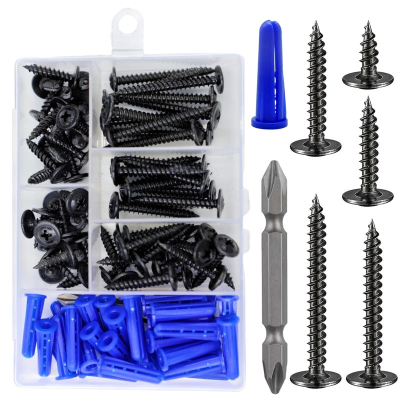 Wensilon (95 pcs)#8 Black Truss Head Wood Screws Quick Metal Self Tapping Zinc Oxide with Drywall Plastic Anchors Assortment Kit - Image 1