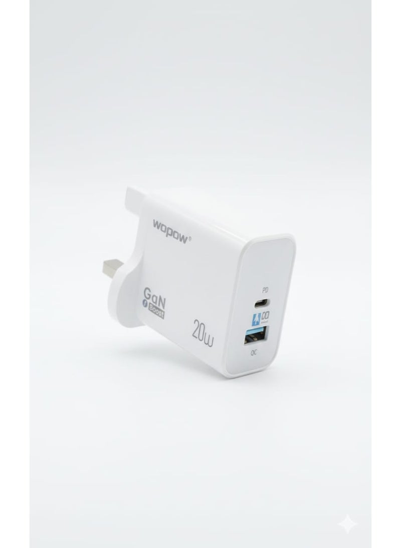 وبو محول طاقة A20Pro بقدرة 20 واط شاحن سريع بمنفذي USB-C + USB-A مزدوجين مع تقنية PowerBoost، شاحن حائط عالمي مناسب للهواتف، وأجهزة iPad، وسماعات الأذن. - Image 1