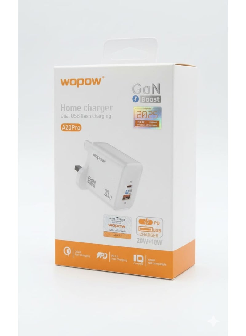 وبو محول طاقة A20Pro بقدرة 20 واط شاحن سريع بمنفذي USB-C + USB-A مزدوجين مع تقنية PowerBoost، شاحن حائط عالمي مناسب للهواتف، وأجهزة iPad، وسماعات الأذن. - Image 2