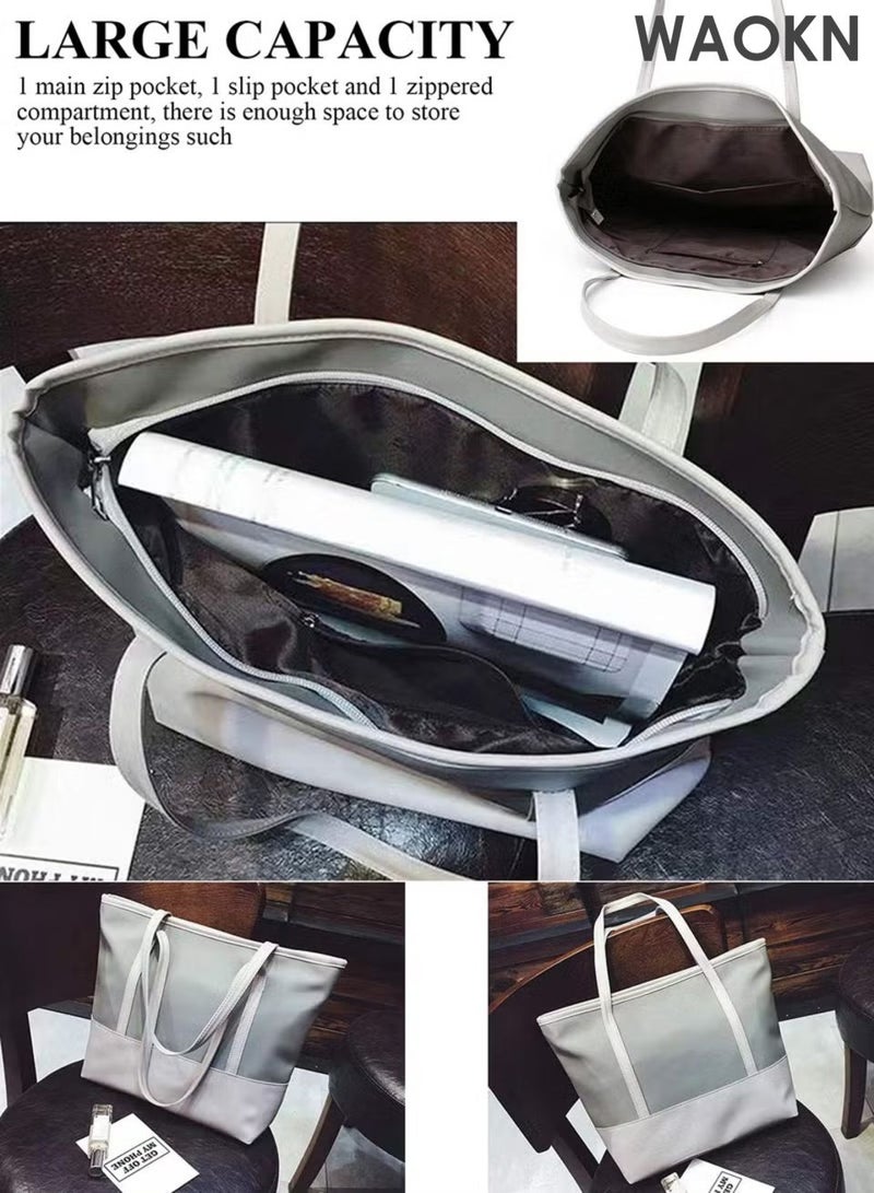 دبليو أيه أو كي أن حقائب يد نسائية، حقائب كتف أنيقة وبسيطة، حقائب يد بسحاب للاستخدام اليومي والعمل والسفر والدراسة والتسوق، حقيبة يد كبيرة الحجم من قماش أكسفورد بلون سادة، حقيبة كتف كلاسيكية متعددة الاستخدامات، مناسبة للجنسين، (رمادي). - Image 2