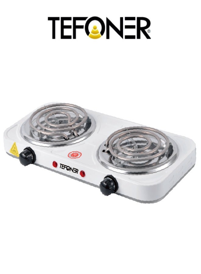 TEFONER 2000W two-burner electric stove. Powerful electric heater suitable for travel. Electric burner with power indicator. Multi-purpose, anti-hacking electric heater. White electric stove. - Image 1