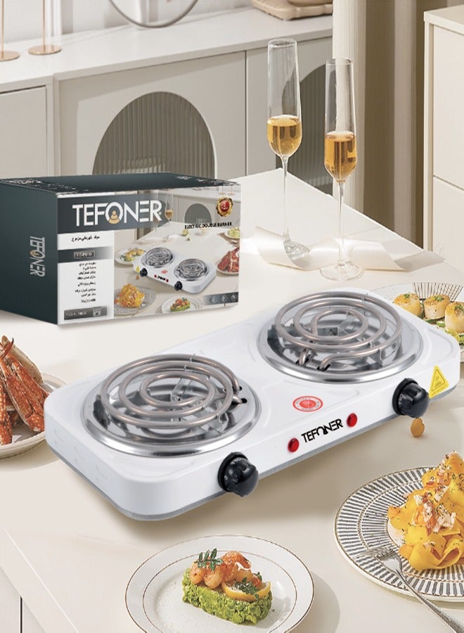 TEFONER 2000W two-burner electric stove. Powerful electric heater suitable for travel. Electric burner with power indicator. Multi-purpose, anti-hacking electric heater. White electric stove. - Image 2