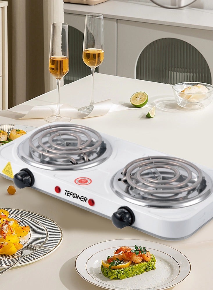 TEFONER 2000W two-burner electric stove. Powerful electric heater suitable for travel. Electric burner with power indicator. Multi-purpose, anti-hacking electric heater. White electric stove. - Image 3