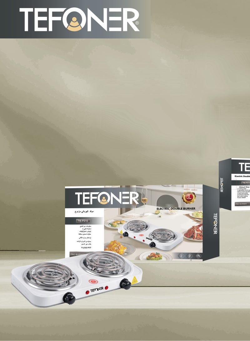 TEFONER 2000W two-burner electric stove. Powerful electric heater suitable for travel. Electric burner with power indicator. Multi-purpose, anti-hacking electric heater. White electric stove. - Image 4