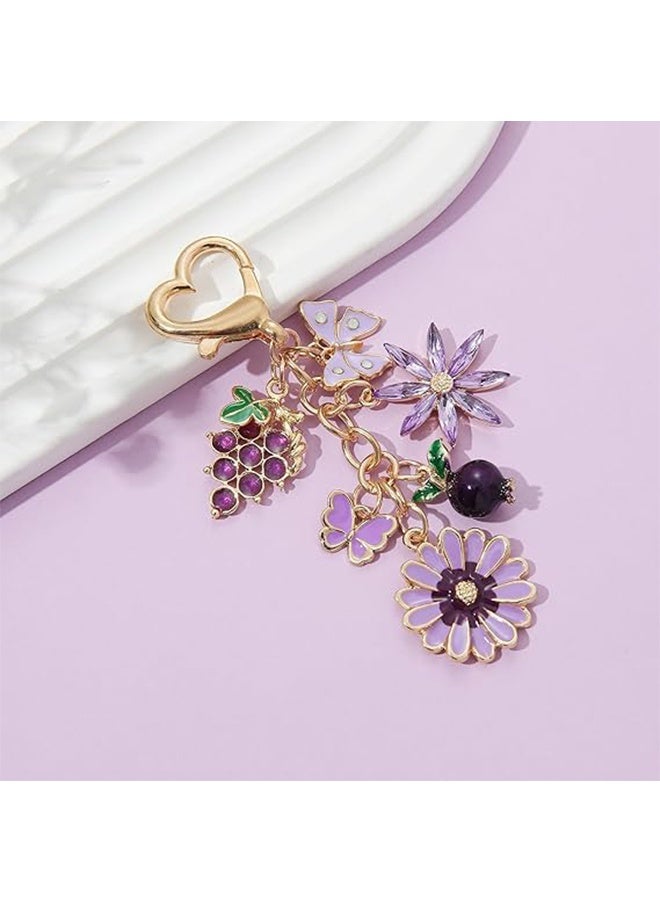 سلاسل مفاتيح بخرز عنب بنفسجي، زهرة، رمان، فراشة للسيدات مع حلقة الميدالية، موضوع نباتي، زخرفة لميدالية السيارة أو الحقيبة، هدية للأصدقاء والعائلة - Image 4