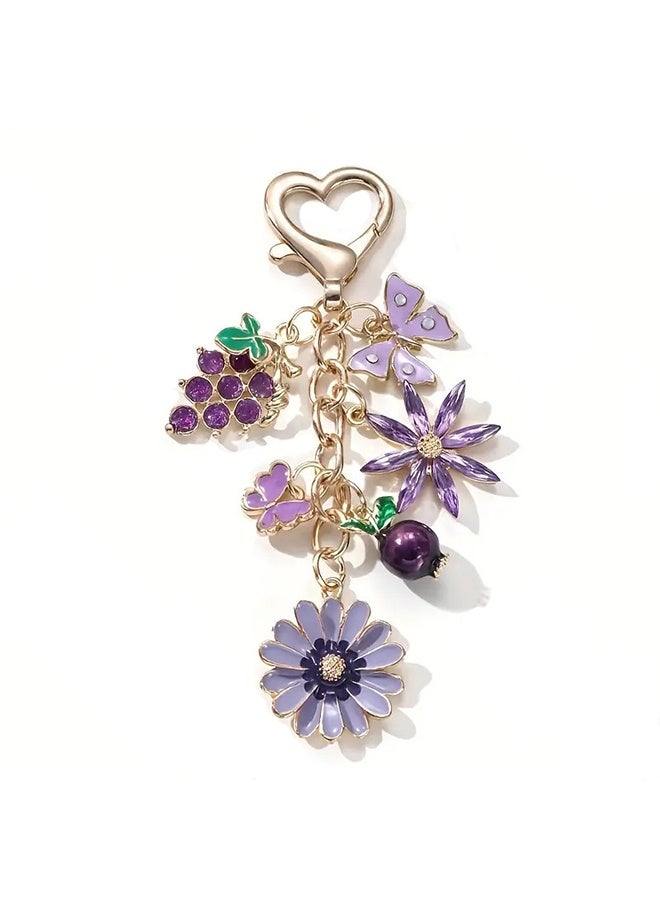 سلاسل مفاتيح بخرز عنب بنفسجي، زهرة، رمان، فراشة للسيدات مع حلقة الميدالية، موضوع نباتي، زخرفة لميدالية السيارة أو الحقيبة، هدية للأصدقاء والعائلة - Image 1