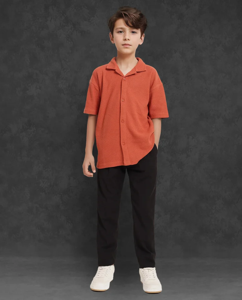 Rare Ones Rare Ones Kids Colen Rust Jacquard Half Sleeves Cuban Collar Boxy Fit Shirt