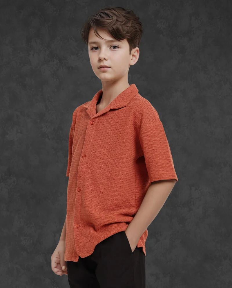 Rare Ones Rare Ones Kids Colen Rust Jacquard Half Sleeves Cuban Collar Boxy Fit Shirt