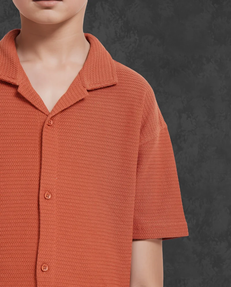 Rare Ones Rare Ones Kids Colen Rust Jacquard Half Sleeves Cuban Collar Boxy Fit Shirt