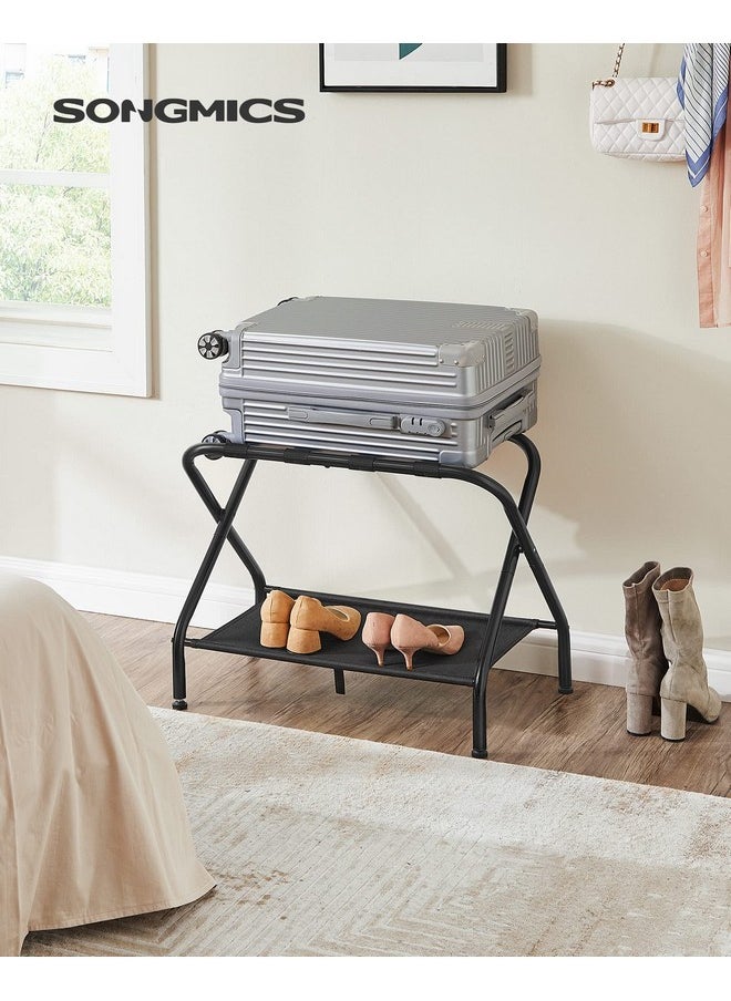 SONGMICS SONGMICS Luggage Rack, Suitcase Stand with Fabric Storage Shelf, for Guest Room, Bedroom, Hotel, Foldable Steel Frame, Holds up to 110 lb, 27.2 x 15 x 20.5 Inches, Black URLR002B01V1  - Image 2