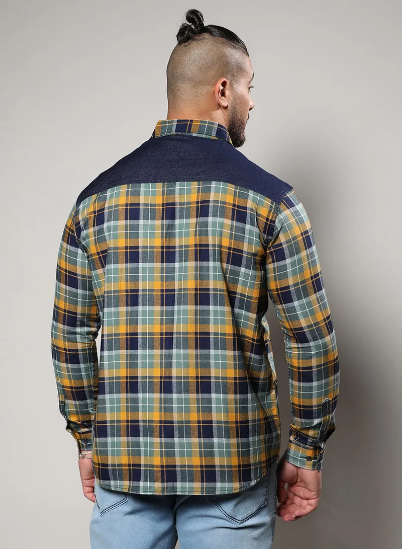 Instafab Plus  Instafab Plus Men's Cyan Blue & Mustard Yellow Tartan Plaid Shirt For Casual Wear | Spread Collar | Long Sleeve | Button Closure | Cotton Shirt Crafted With Comfort Fit For Everyday Wear for Men | Best Price UAE