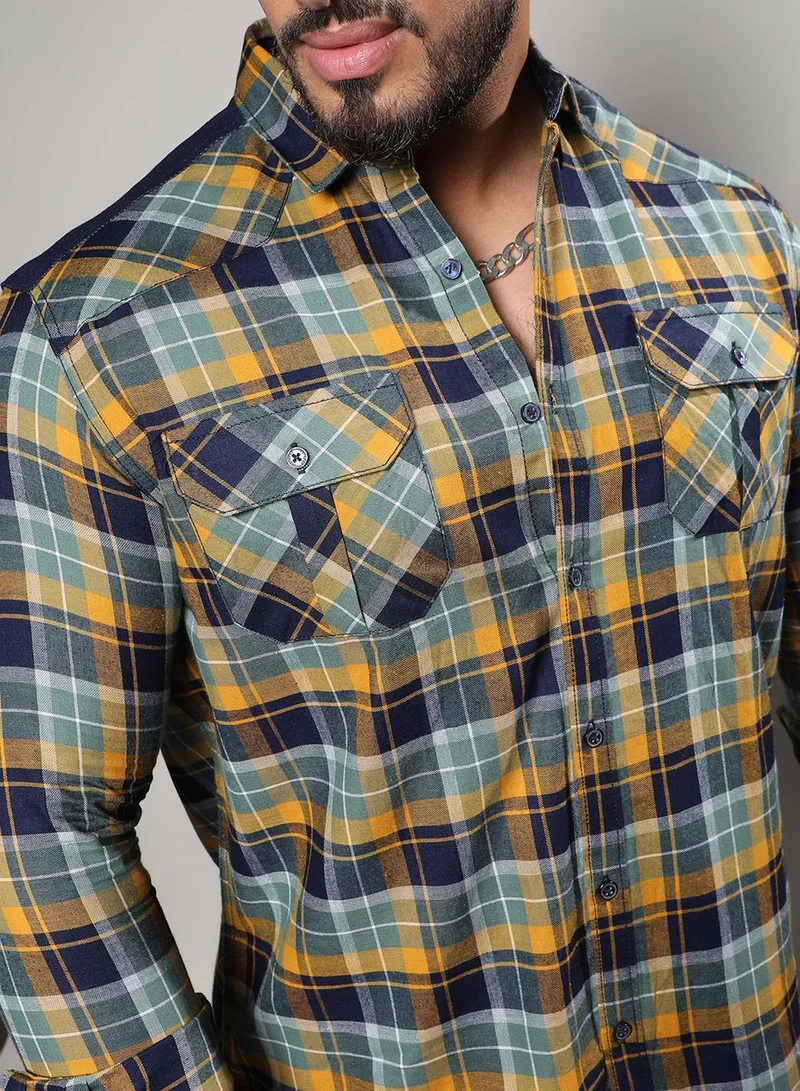 Instafab Plus  Instafab Plus Men's Cyan Blue & Mustard Yellow Tartan Plaid Shirt For Casual Wear | Spread Collar | Long Sleeve | Button Closure | Cotton Shirt Crafted With Comfort Fit For Everyday Wear for Men | Best Price UAE