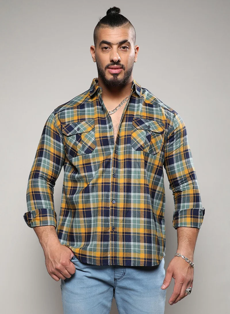 Instafab Plus Instafab Plus Men's Cyan Blue & Mustard Yellow Tartan Plaid Shirt For Casual Wear | Spread Collar | Long Sleeve | Button Closure | Cotton Shirt Crafted With Comfort Fit For Everyday Wear