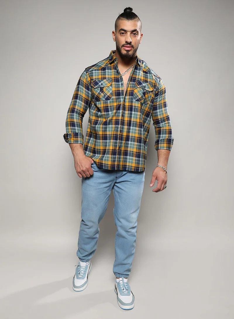 Instafab Plus  Instafab Plus Men's Cyan Blue & Mustard Yellow Tartan Plaid Shirt For Casual Wear | Spread Collar | Long Sleeve | Button Closure | Cotton Shirt Crafted With Comfort Fit For Everyday Wear for Men | Best Price UAE