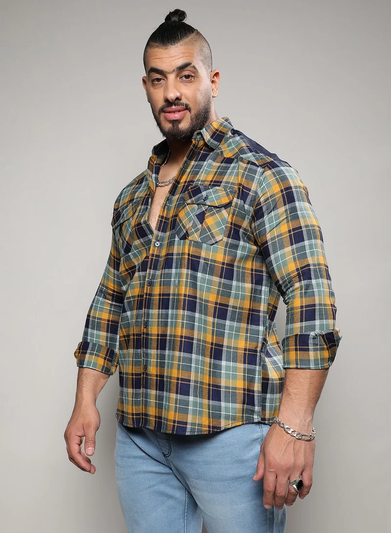 Instafab Plus  Instafab Plus Men's Cyan Blue & Mustard Yellow Tartan Plaid Shirt For Casual Wear | Spread Collar | Long Sleeve | Button Closure | Cotton Shirt Crafted With Comfort Fit For Everyday Wear for Men | Best Price UAE