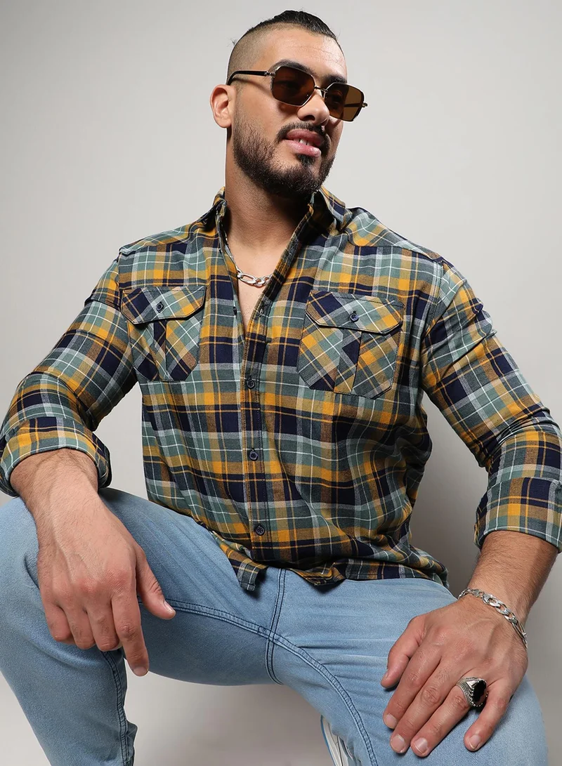 Instafab Plus Instafab Plus Men's Cyan Blue & Mustard Yellow Tartan Plaid Shirt For Casual Wear | Spread Collar | Long Sleeve | Button Closure | Cotton Shirt Crafted With Comfort Fit For Everyday Wear