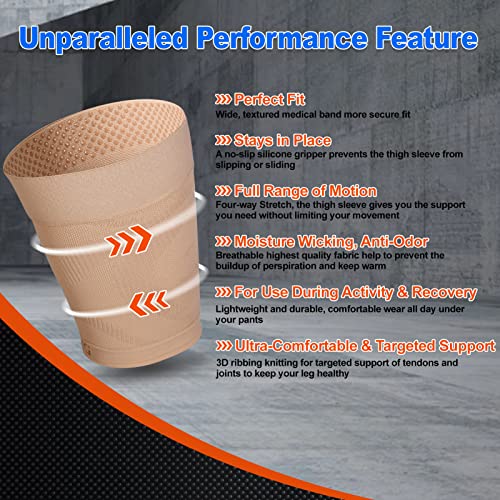 KEKING Thigh Compression Sleeves (Pair), Unisex, Hamstring Compression Sleeve for Quad & Groin Pain Relief & Recovery, Thigh Brace & Wrap Great for Running Sports & Injury, Upper Leg Sleeves Beige XXL - Image 3