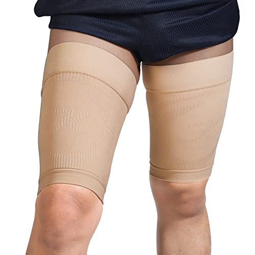 KEKING Thigh Compression Sleeves (Pair), Unisex, Hamstring Compression Sleeve for Quad & Groin Pain Relief & Recovery, Thigh Brace & Wrap Great for Running Sports & Injury, Upper Leg Sleeves Beige XXL - Image 1