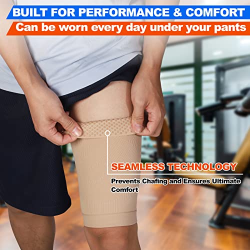 KEKING Thigh Compression Sleeves (Pair), Unisex, Hamstring Compression Sleeve for Quad & Groin Pain Relief & Recovery, Thigh Brace & Wrap Great for Running Sports & Injury, Upper Leg Sleeves Beige XXL - Image 5