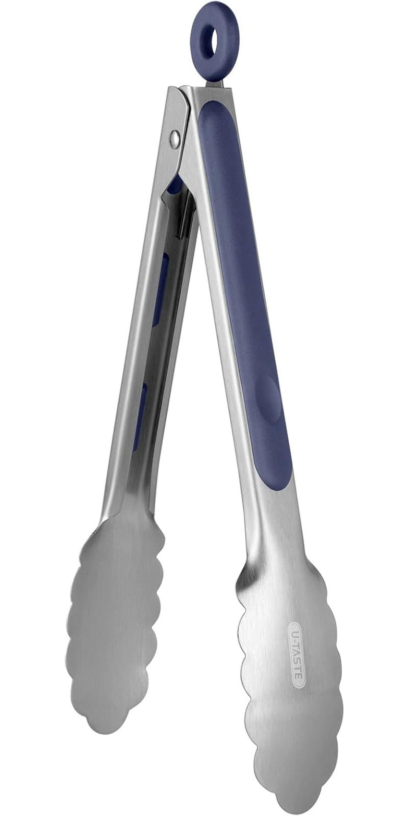 U-Taste Stainless Steel Kitchen Tongs: 23 cm Heat Resistant Cooking Tong with One Piece Sturdy Metal Tips & Non Slip Silicone Coated Handle & Smooth Locking for Serving Food Salad BBQ (Midnight Blue) - Image 1