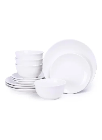 Shallow Shallow 12-Piece Porcelain Dinnerware Set – Elegant Ceramic Crockery for 4 | Includes 26.8 cm Dinner Plates, 20 cm Side Plates, and 15 cm Bowls, White