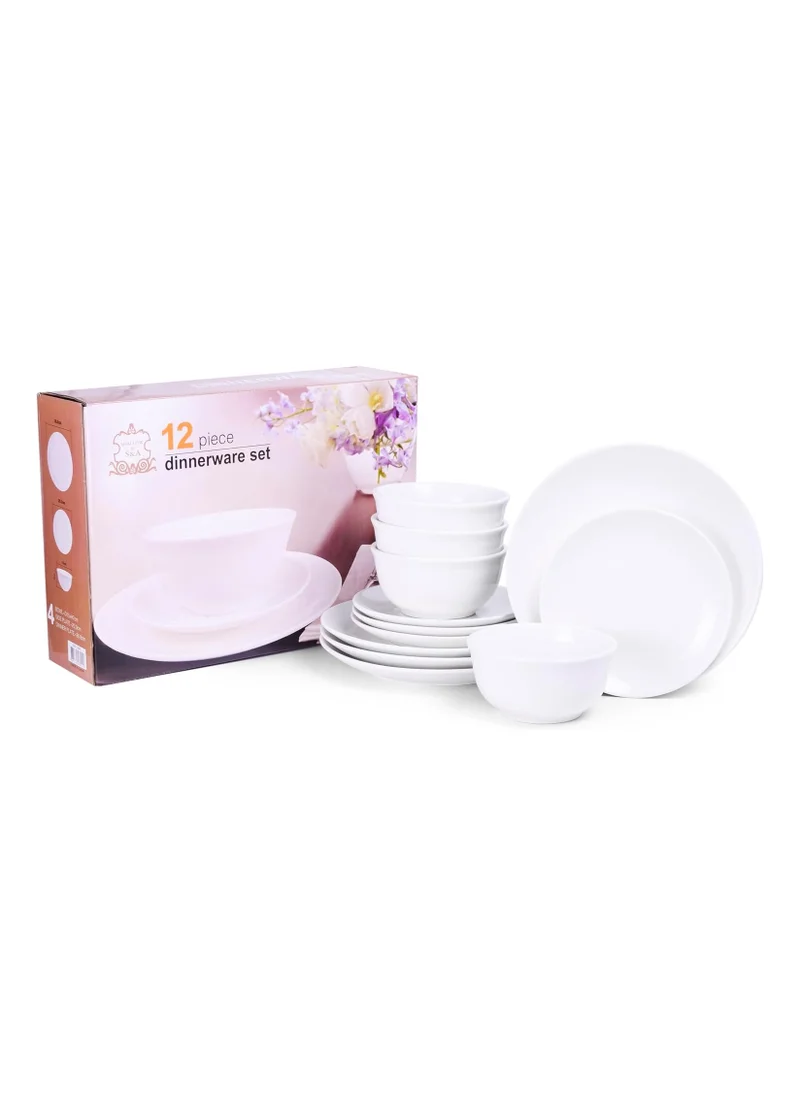 Shallow Shallow 12-Piece Porcelain Dinnerware Set – Elegant Ceramic Crockery for 4 | Includes 26.8 cm Dinner Plates, 20 cm Side Plates, and 15 cm Bowls, White