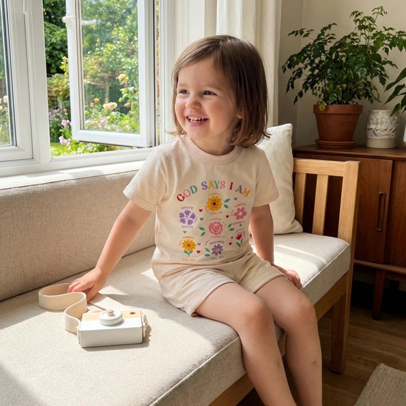 Fernvia Toddler Baby Girl Summer Clothes Floral Letters Print Short Sleeve T-Shirt Tops Solid Shorts Outfit Set (Floral Beige, 18-24 Months) - Image 2