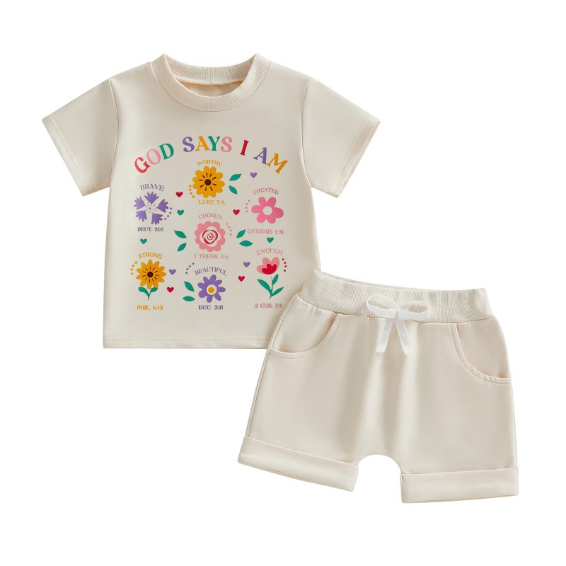 Fernvia Toddler Baby Girl Summer Clothes Floral Letters Print Short Sleeve T-Shirt Tops Solid Shorts Outfit Set (Floral Beige, 18-24 Months) - Image 1