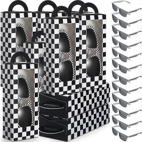 Tellegloww 32 Pcs Race Car Party Favors Set 16 Black and White Checkered Favor Boxes and 16 Checkered Sunglasses Gift Boxes for Race Car Party Birthday Decorations - Image 1