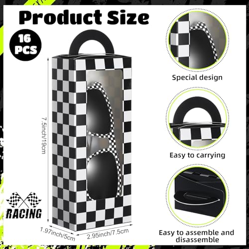 Tellegloww 32 Pcs Race Car Party Favors Set 16 Black and White Checkered Favor Boxes and 16 Checkered Sunglasses Gift Boxes for Race Car Party Birthday Decorations - Image 5