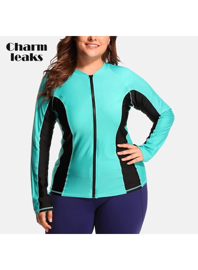 CharmLeaks Charmleaks  Women Long Sleeve Rashguard Zipper Swimsuit Shirts UPF50+  Plus Size Swimwear UV-Protection Rash Guard Color Block Beach Wear 