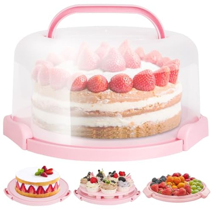 Ohuhu Cake Carrier, BPA-Free Cake Holder Storage Container Cupcake Carrier Keeper - Cake Stand with Lid 2 Handles Portable Round Two Sided Base for Cookies Nuts Fruits for 10 inch Cake Perfect Gifts