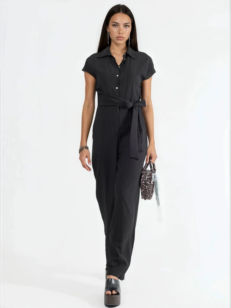 Busem Black BUSEM Wide Leg Buttoned Shirt Collar Jumpsuit for Women | Best Price UAE