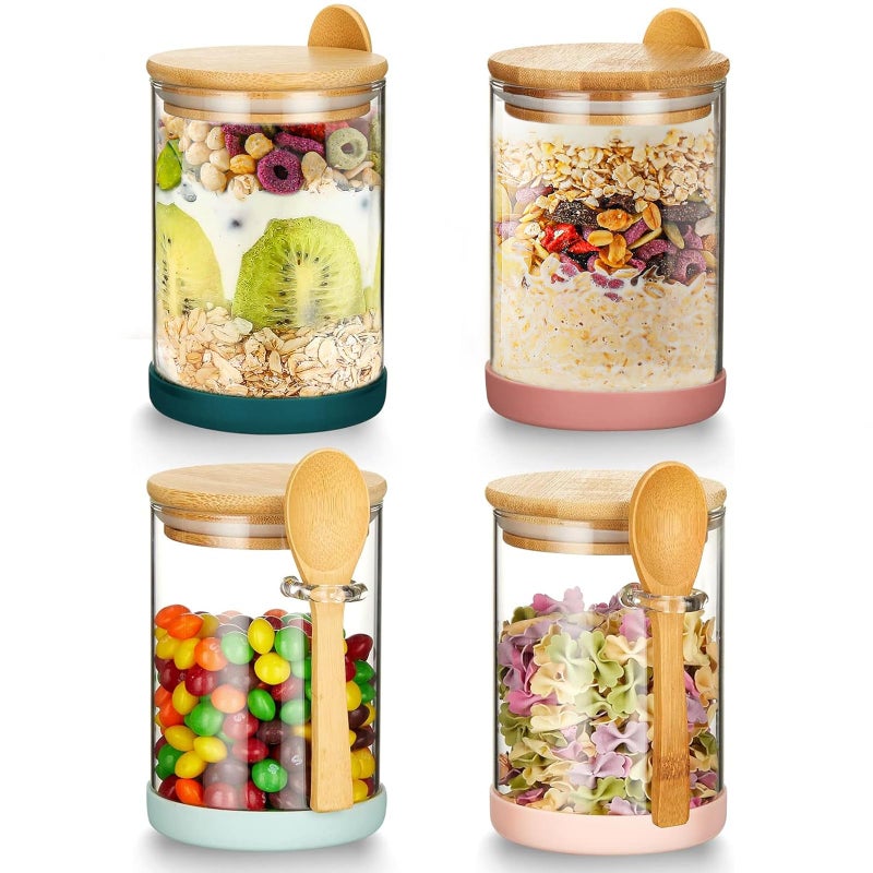 Mfacoy Set of 4 Airtight Glass Jars with Bamboo Lids & Spoons, 17 oz Borosilicate Overnight Oats Containers with Lids, Clear Food Storage Canister for Cookie, Candy, Coffee, Sugar, Matcha Tea, Flour - Image 1